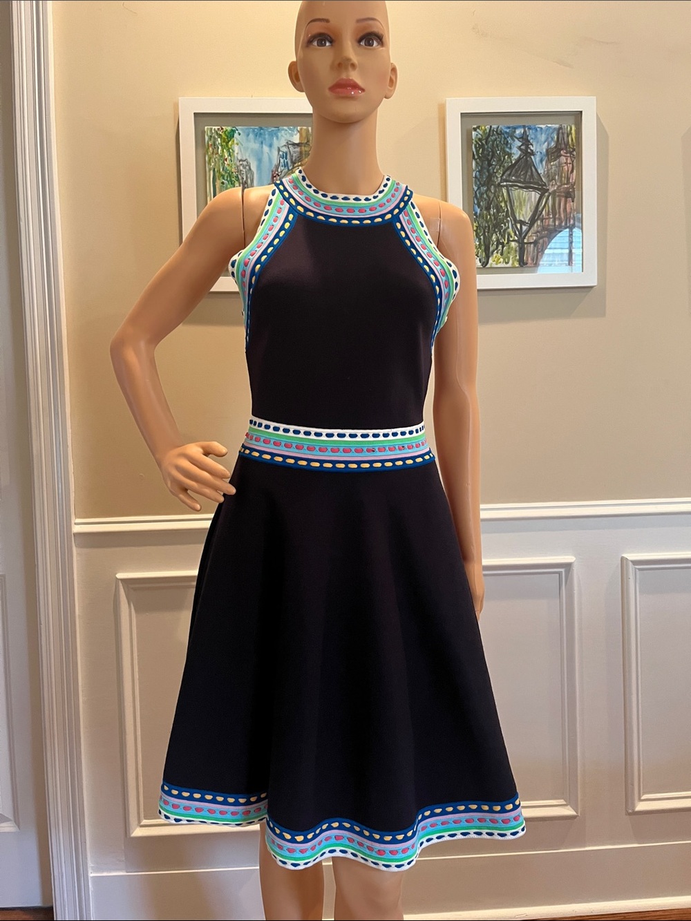 Milly Navy Midi Dress with Blue and Teal Trim